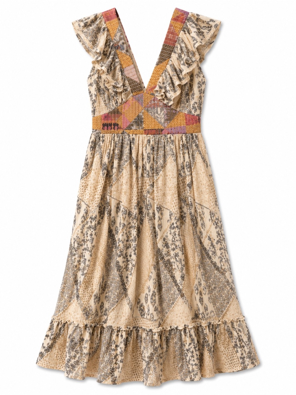Boho V-Neck Ruffled Maxi Dress in Beige